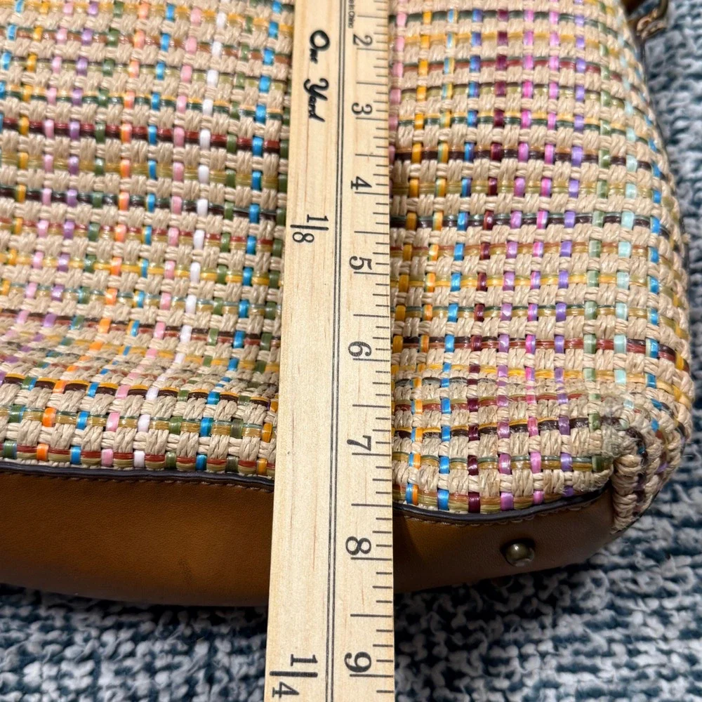 Fossil Multi-Color Woven Straw Leather Trim Shoulder Bag Tan Plaid Handbag